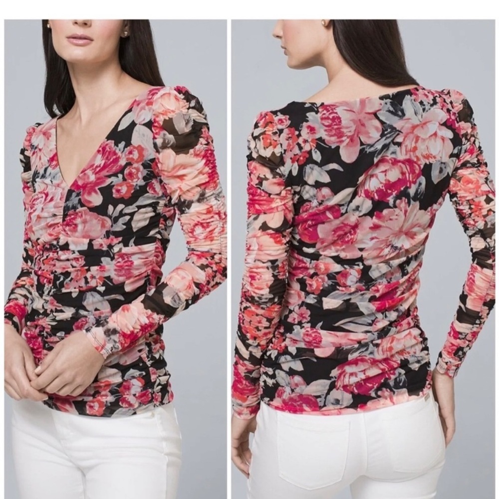 White House Black Market WHBM Sz M Pink Black Floral Print Ruched Blouse Top